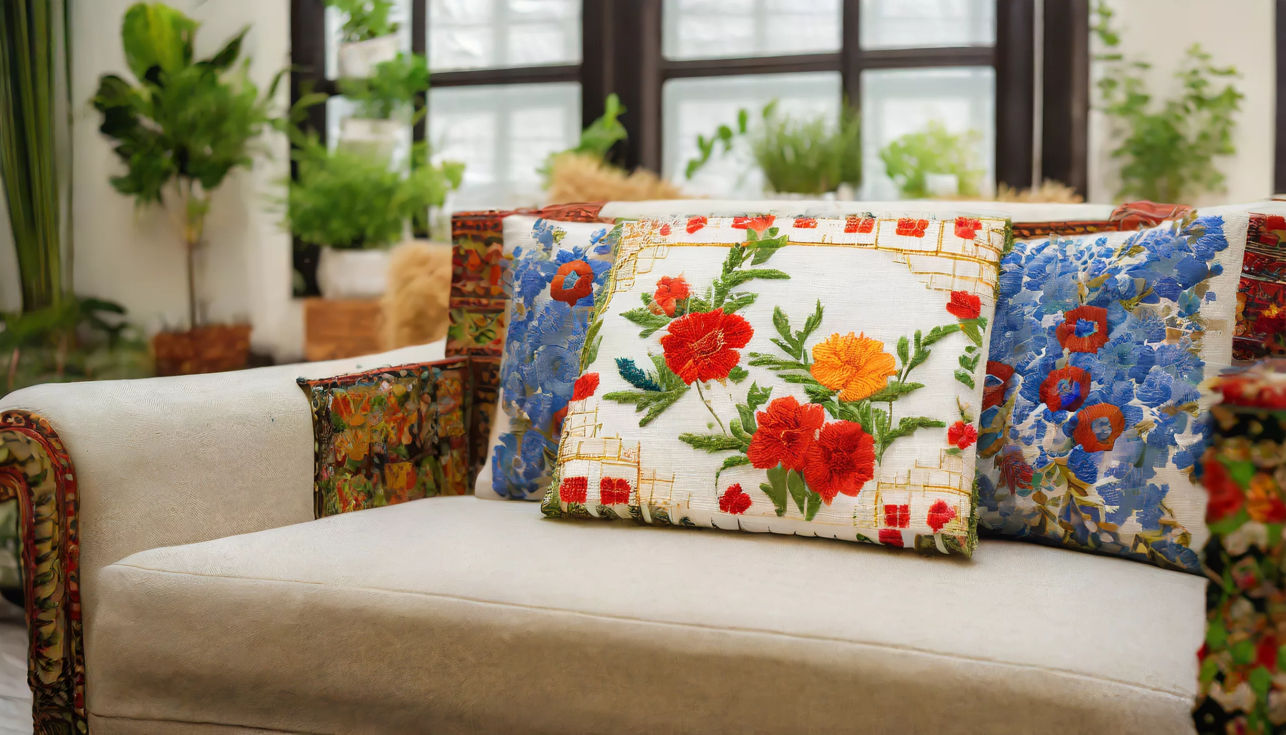 An image of an embroidered cushion in a living room