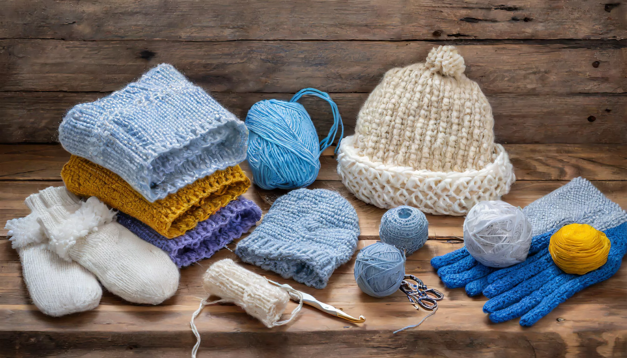 A photo of a selection of knitted items