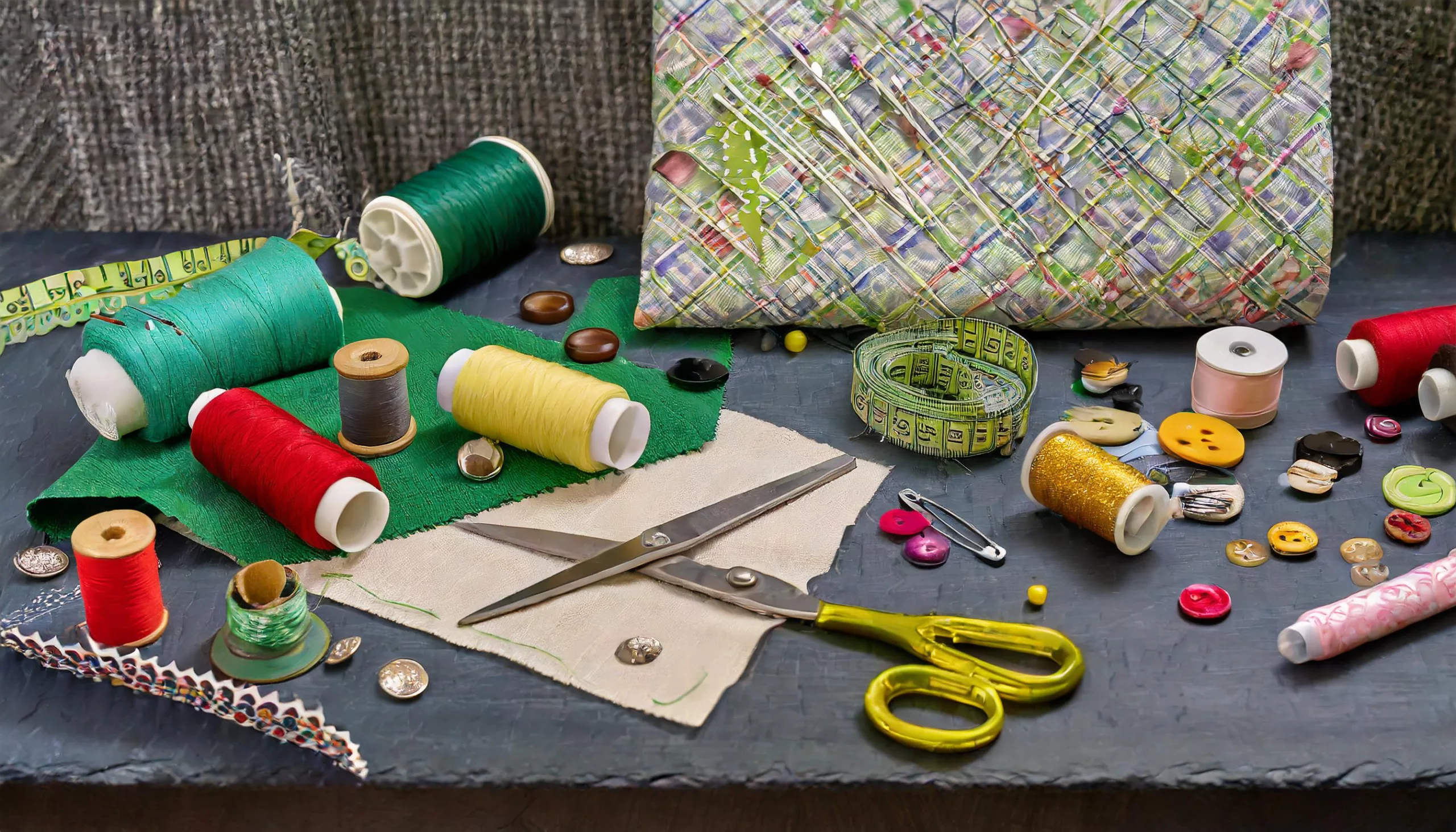Sewing items laid out on a table.